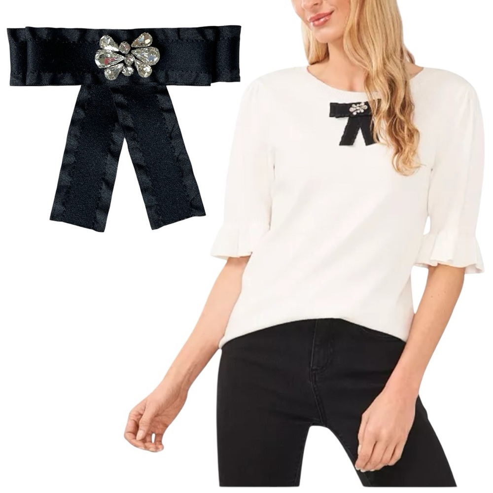 CeCe Crystal Bow Front Ruffle Cuff Sweater Top White Black Coquette Casual M - Picture 2 of 15